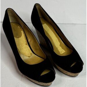 Nine West Womens Cheerful Platform Peep Toe Textile Upper Cork Wedge Black Sz 10